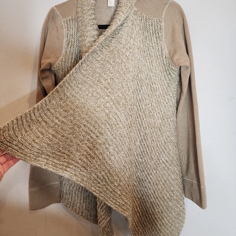 Prana wool-blend tan‎ demure drape cardigan.  Women's size medium
